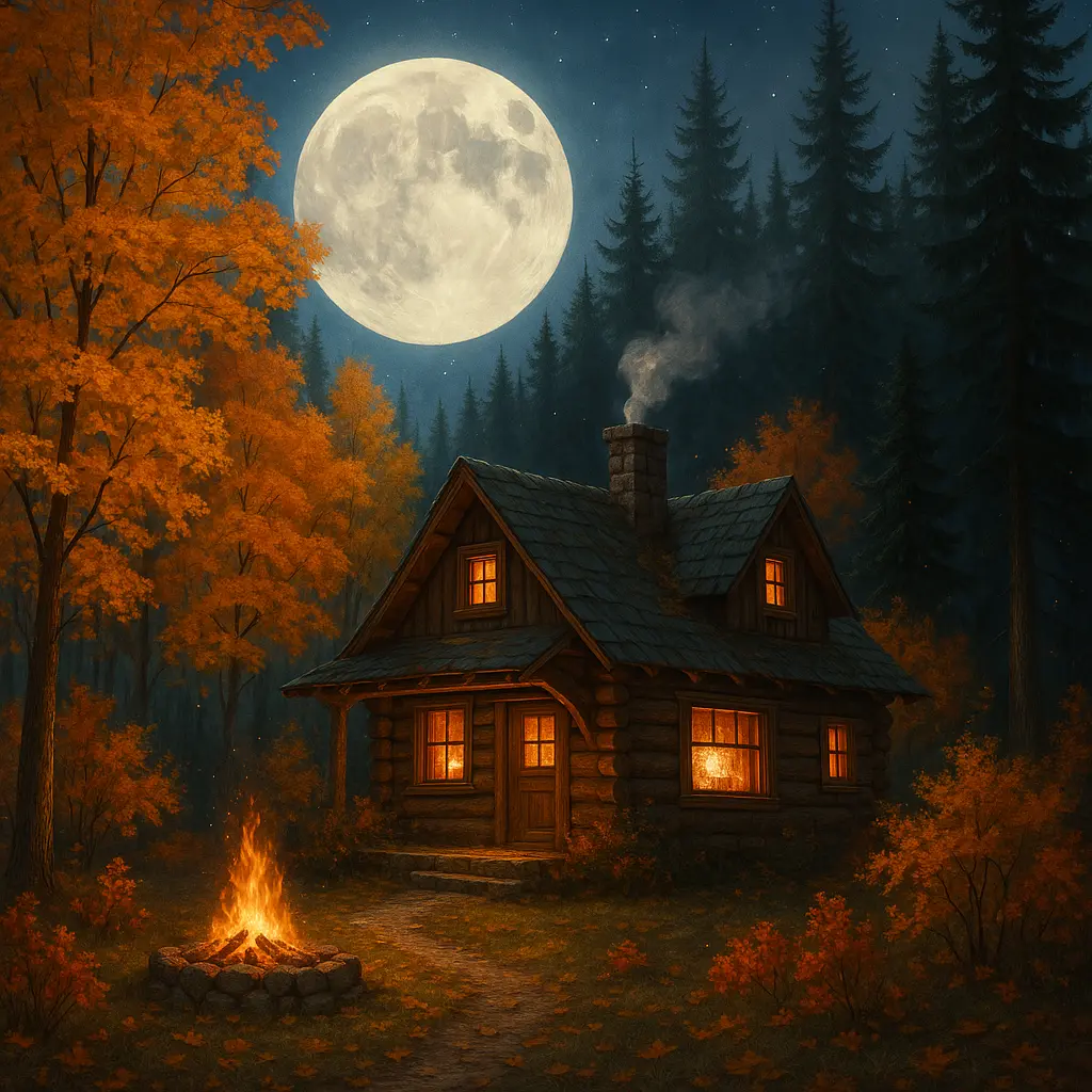 A dreamy mountain cabin nestled deep in a quiet forest, just as autumn begins to paint the trees with gold and ember hues.