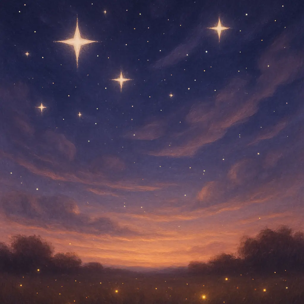 A soft, celestial dreamscape where the sky stretches like velvet and stars hang low enough to touch.