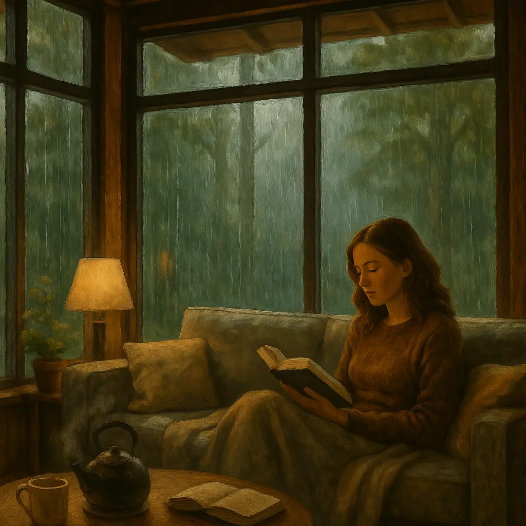 A quiet Sunday afternoon in your future home, a small, sun-dappled space tucked beneath tall trees, where windows stretch wide and the roof sings when it rains.