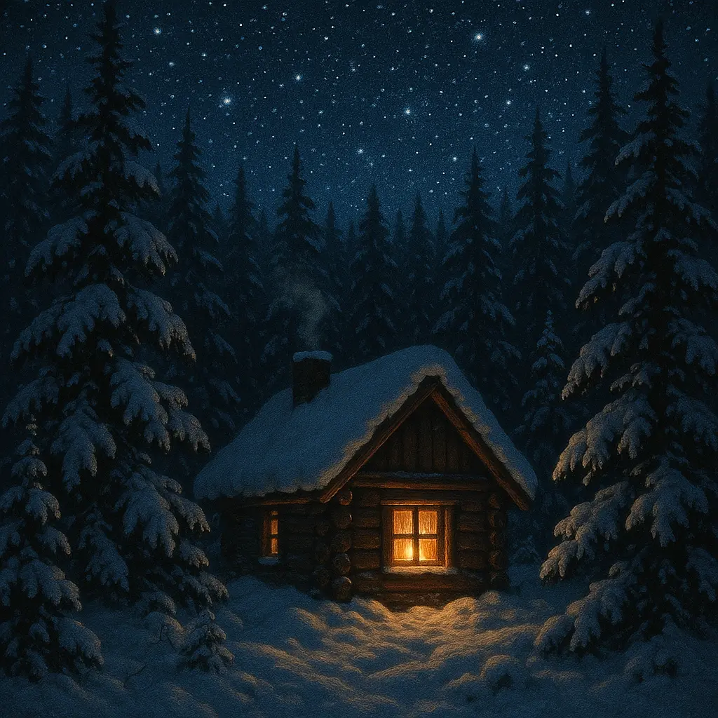 A small, snow-draped cabin nestled deep in an evergreen forest, hidden from maps and memory.