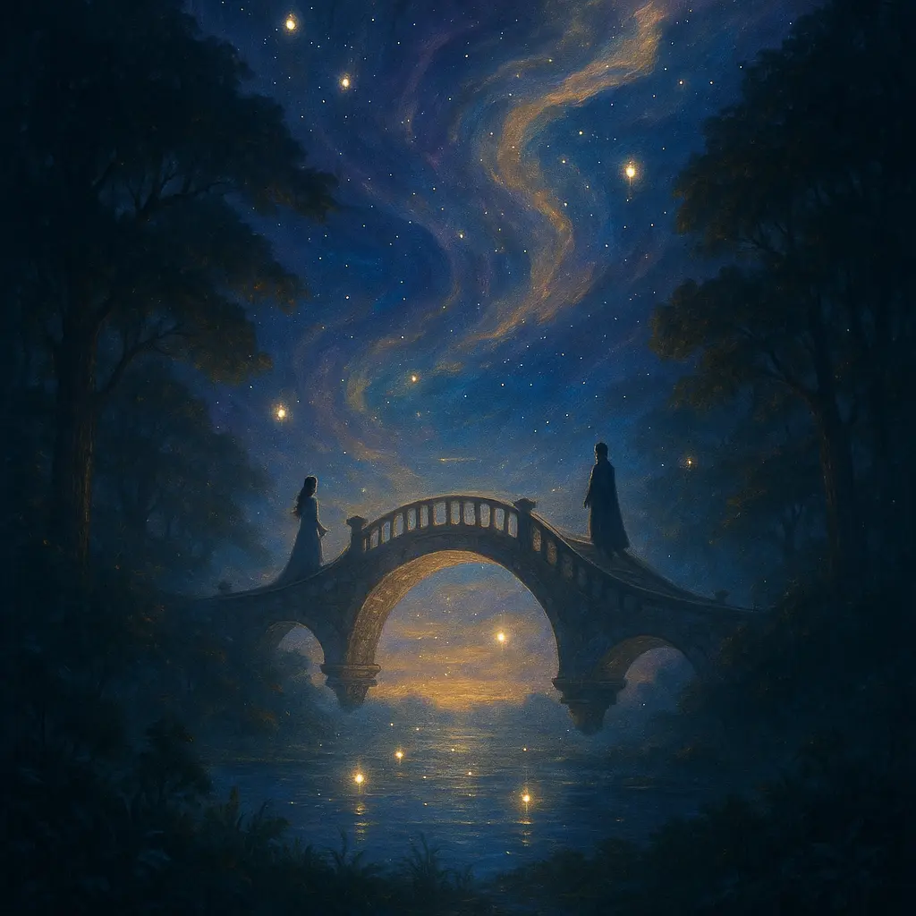 Hidden deep in a lush, whispering forest is an ancient floating bridge, The Bridge That Waited, only visible to two hearts longing for each other.