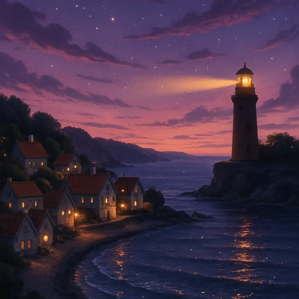 A solitary lighthouse stands at the cliff’s edge, its warm, golden beam sweeping over the water, steady and loyal.