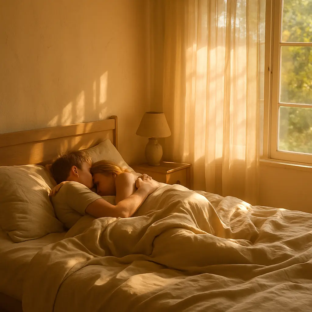 A sunlit bedroom wrapped in linen sheets and weekend stillness. Light filters in through gauzy curtains, turning everything gold.
