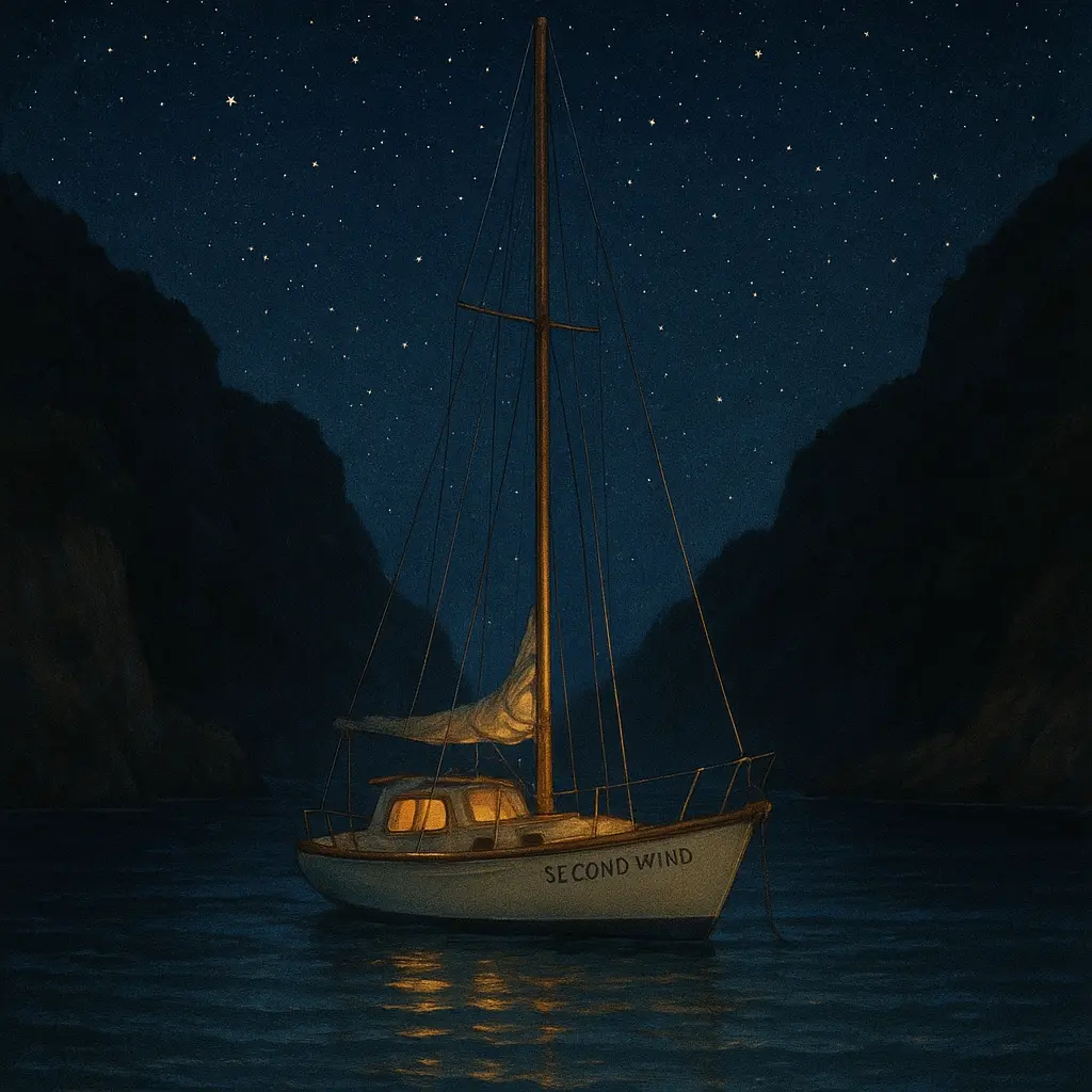 A gently rocking sailboat named Second Wind, anchored in a hidden cove where the ocean is quiet and the sky is deep navy, dotted with stars.